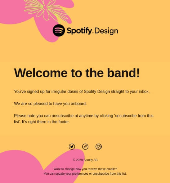 O e-mail de boas-vindas do Spotify reforça o branding com uma linguagem informal