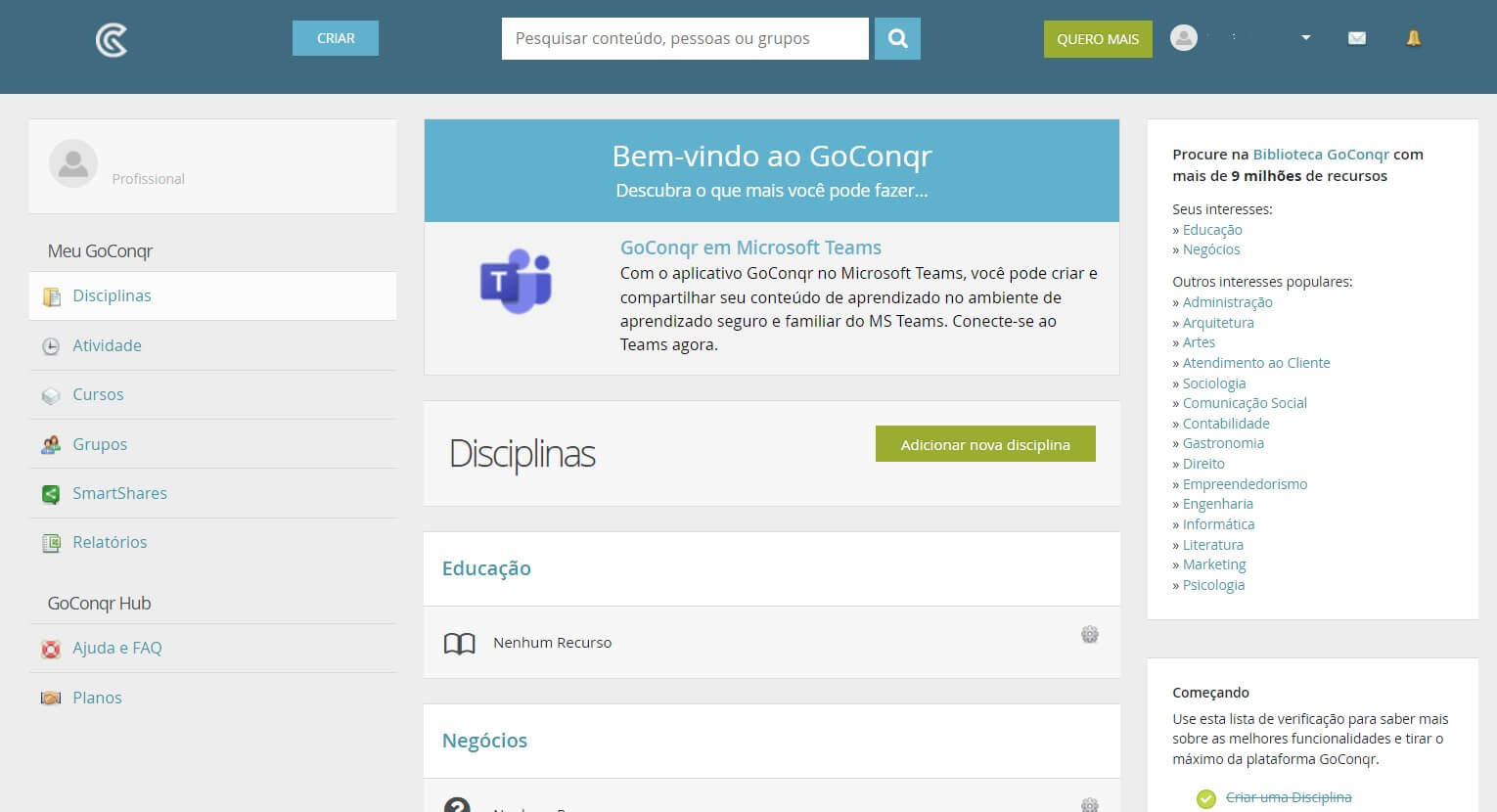 página principal da plataforma GoConqr e seus recursos