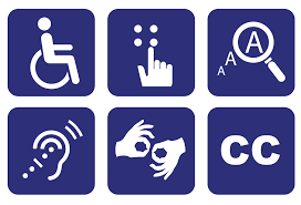 A imagem reúne seis símbolos de comunicação inclusiva para pessoas com deficiências separados em quadrados azuis