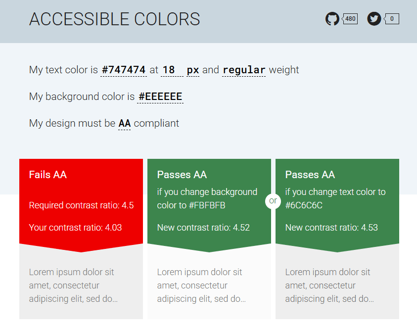 Captura de tela que mostra a ferramenta Accessible Colors. Na imagem, é possível ver que, ao inserir as informações de cor, tamanho e formato da fonte, assim como a cor do fundo, a plataforma indica como obter o contraste ideal.
