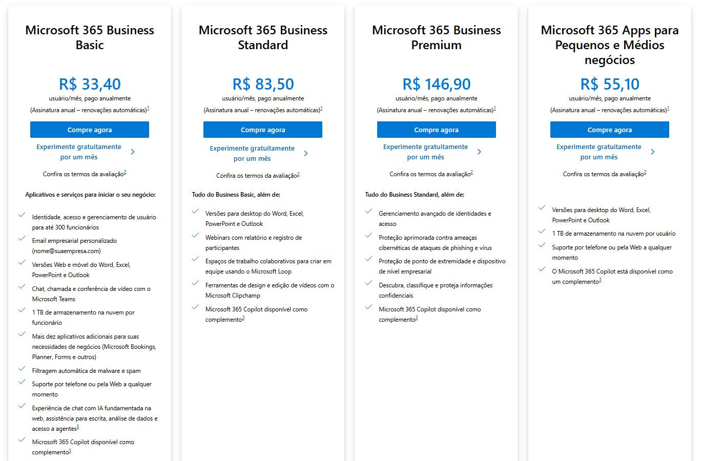 Tela do site da Microsoft mostrando um quadro comparativo entre os planos do Microsoft 365 Business.