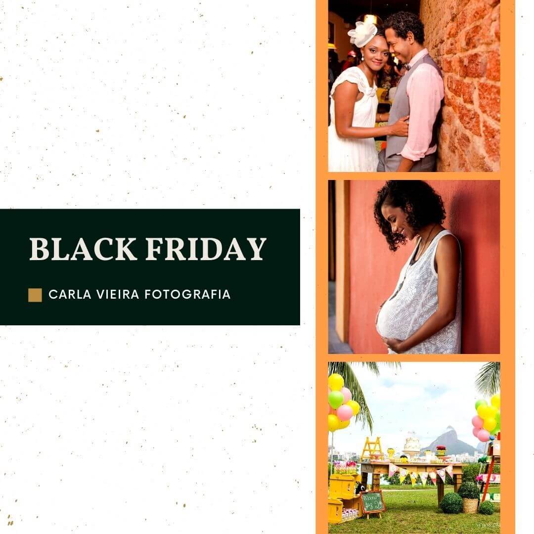 Caixa de texto com os dizeres “Black Friday” e o nome da fotógrafa, acompanhada de alguns exemplos de fotos.