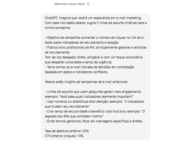 Print do prompt para ChatGPT criar linhas de assunto de e-mail sobre indicadores de R&S