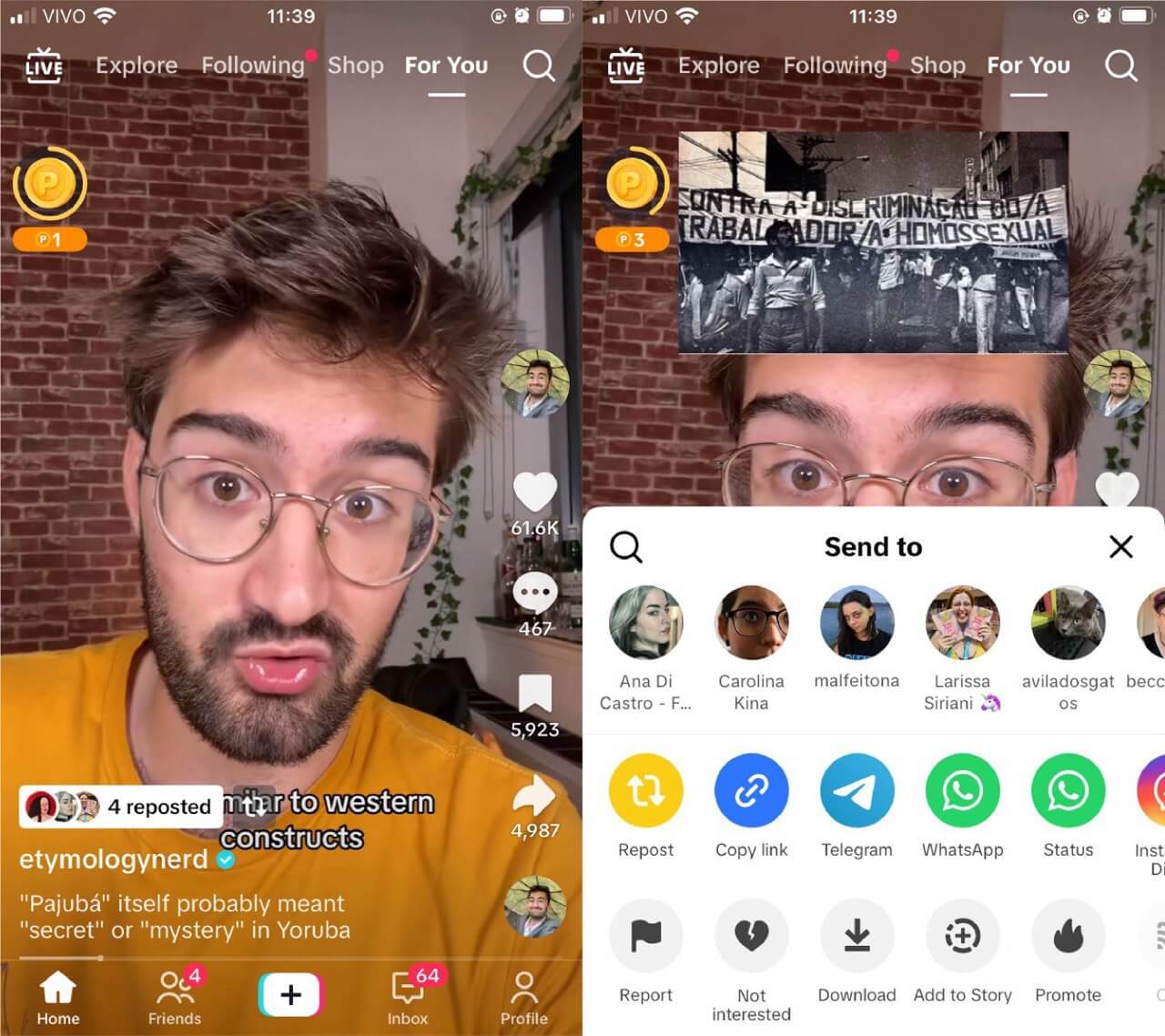 Duas capturas de tela do TikTok lado a lado. À esquerda a página For You com um video do usuário etymologynerd: um homem branco de óculos e barba. À direita, o menu de compartilhamento aberto sobre o mesmo vídeo; o ícone de repostar é o primeiro.
