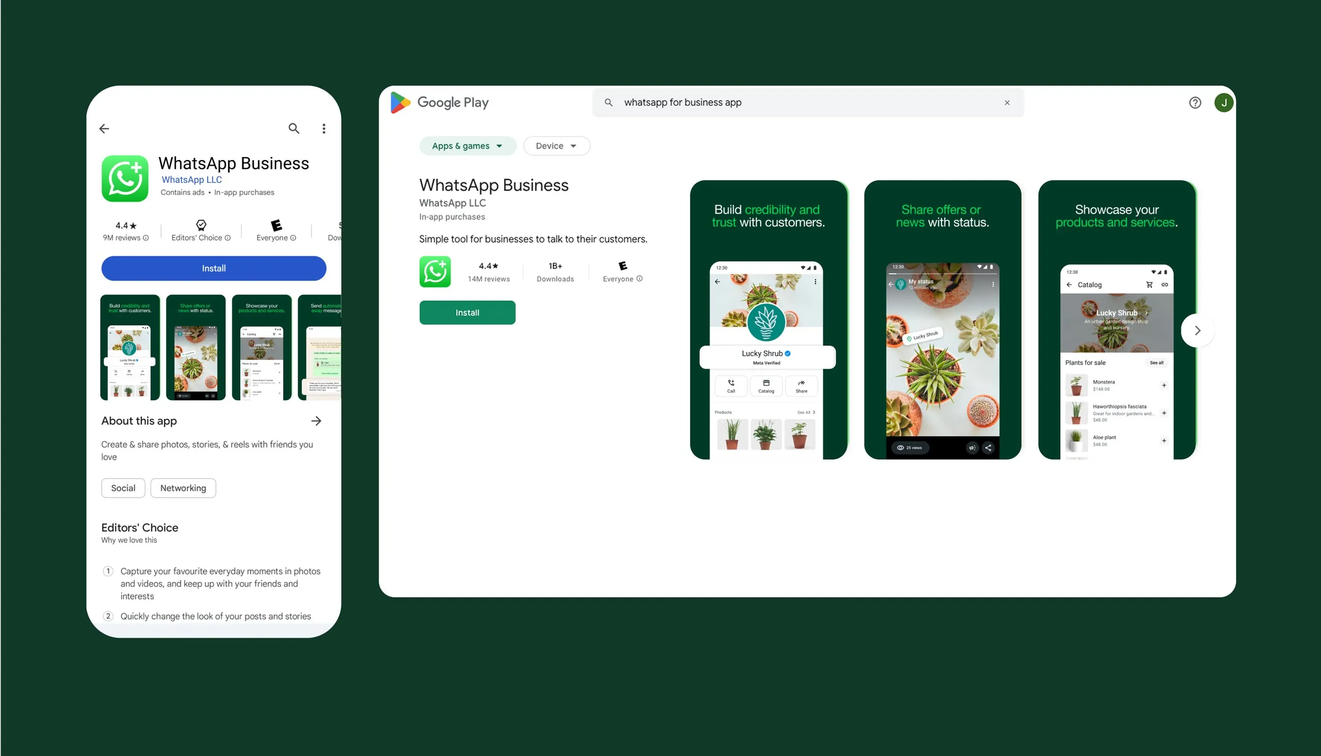 Captura de tela mostrando o WhatsApp Business em suas páginas no Google Play e App Store.