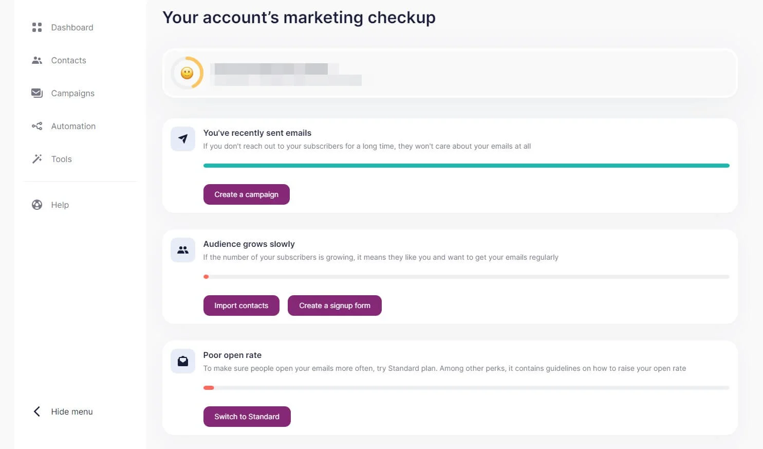 Selzy’s Marketing checkup functionality