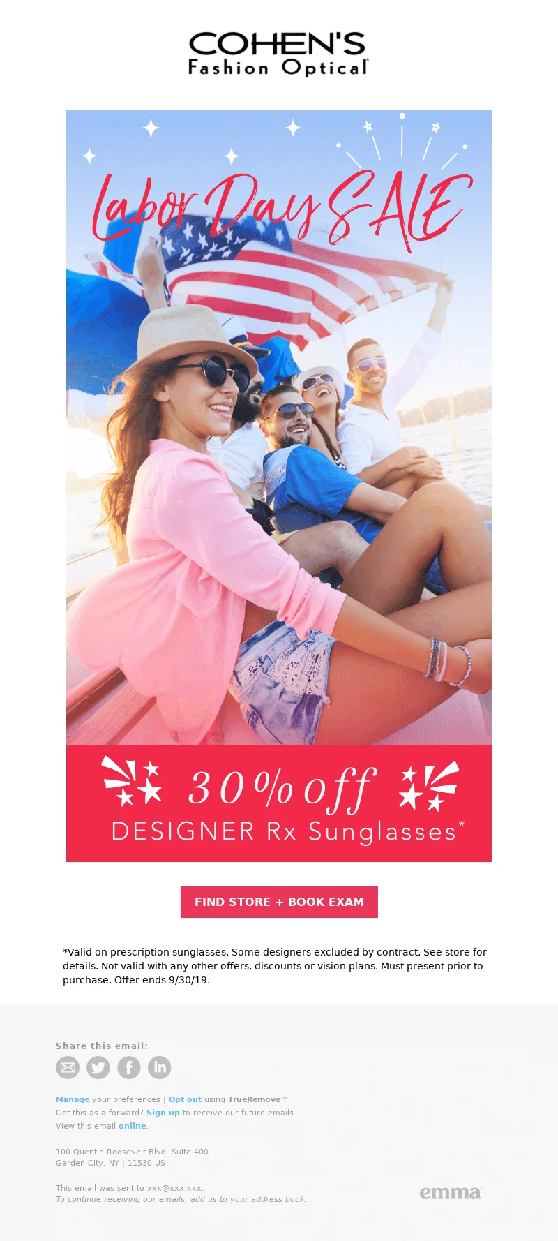 Labor Day email from Cohen's Fashion Optical that features a picture of people waving an American flag