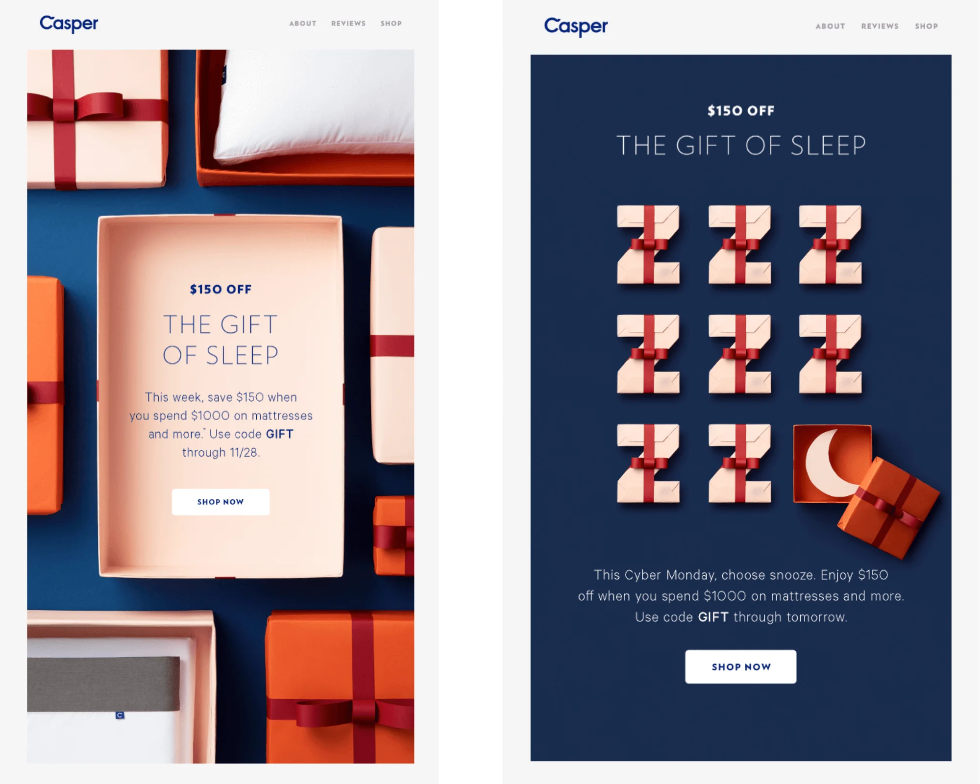 Both Casper emails showcase gift boxes with bows and have a similar color scheme: light peach, red, orange, and deep blue.