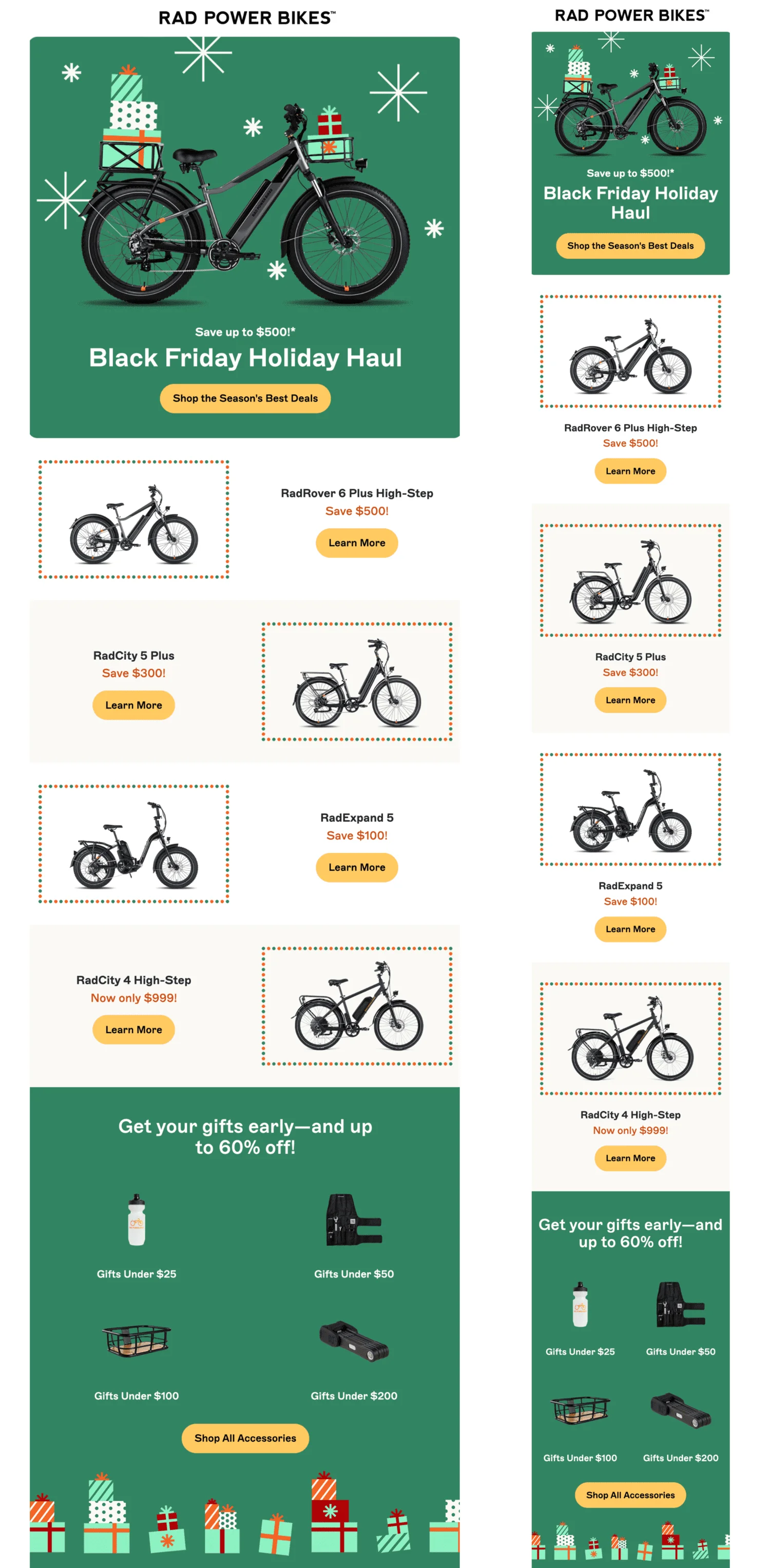 Two versions of the same email, the mobile version has a one-column layout for product recommendations whereas the desktop version has a two-column layout.