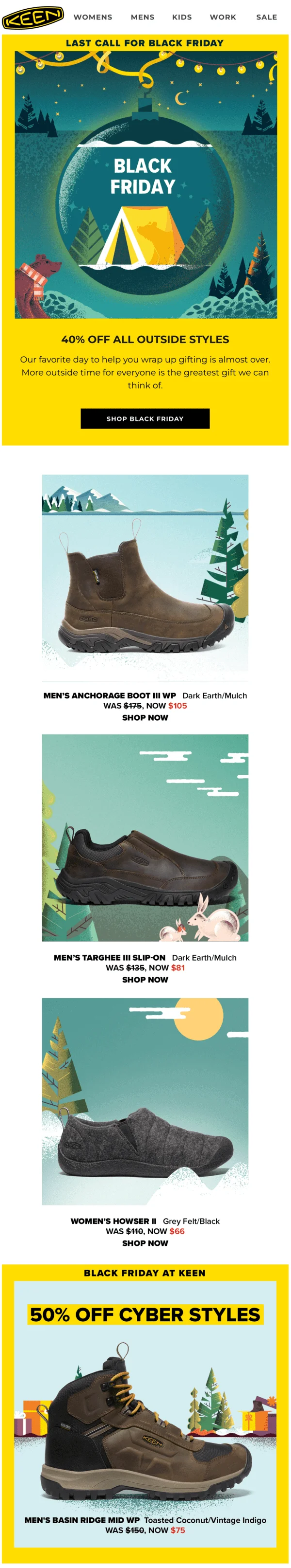 A Black Friday email with shoe models recommended for purchase