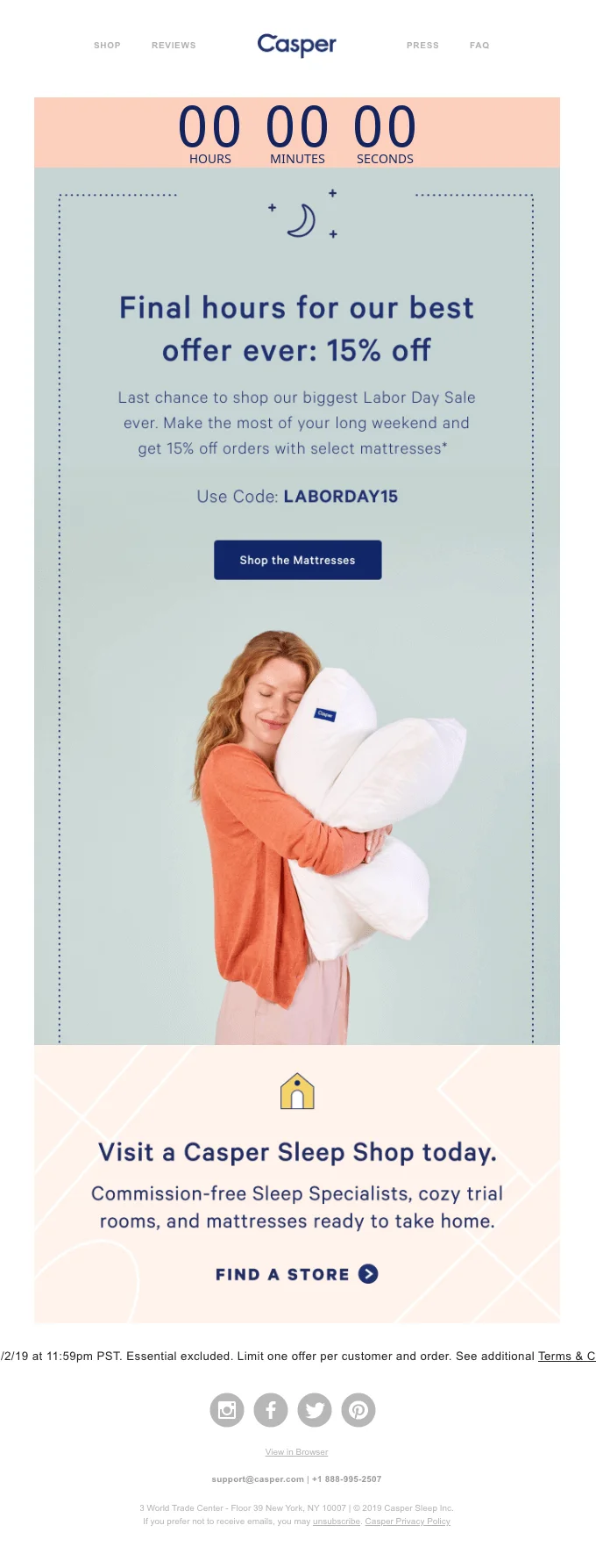Email from Casper with a simple countdown timer on top, indicating the deadline for a 15% discount offer