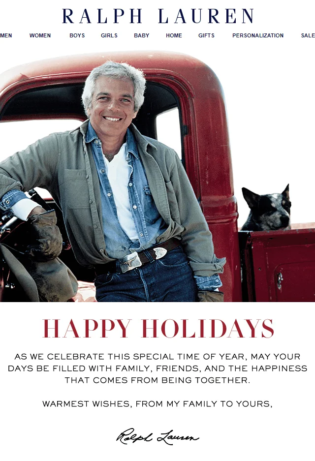An email with a vintage-looking photo of Ralph Lauren by a red truck and a dog peeking up from the truck