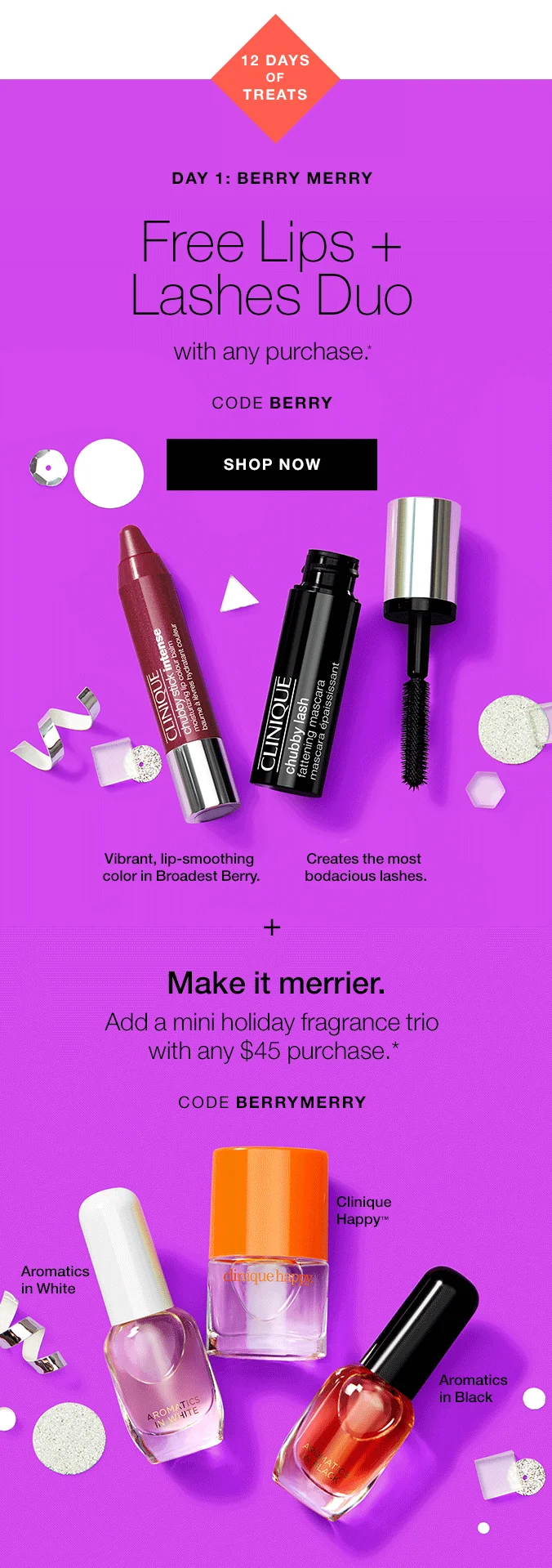 A Clinique email advertising 12 days of treats and presenting the code for the first day