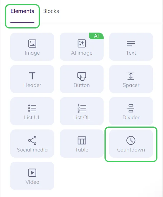 Selzy Elements menu in the builder with the Countdown element highlighted