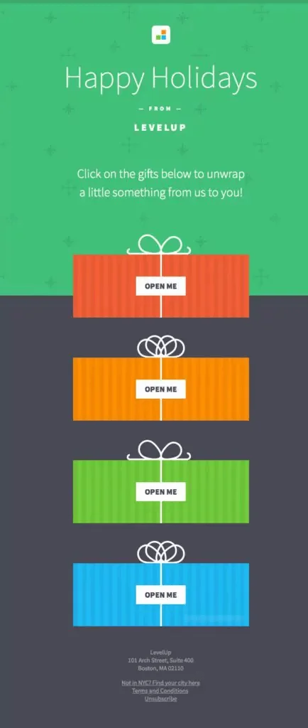 An email with four illustrated gift boxes and buttons on them saying Open me