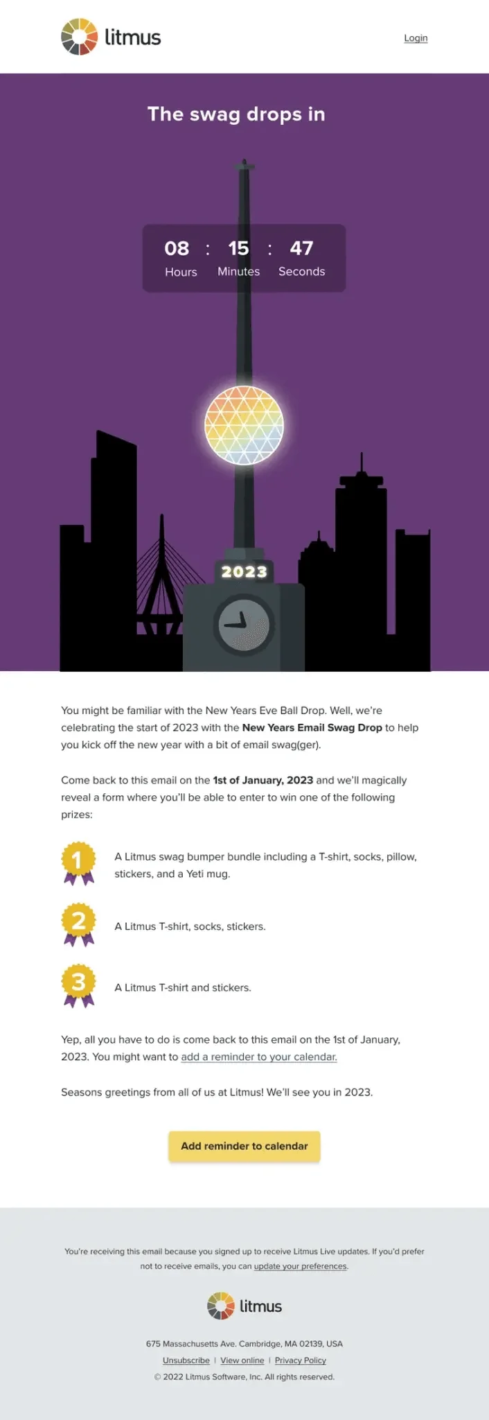 A holiday presents sweepstakes email from Litmus with a countdown timer and a calendar reminder button
