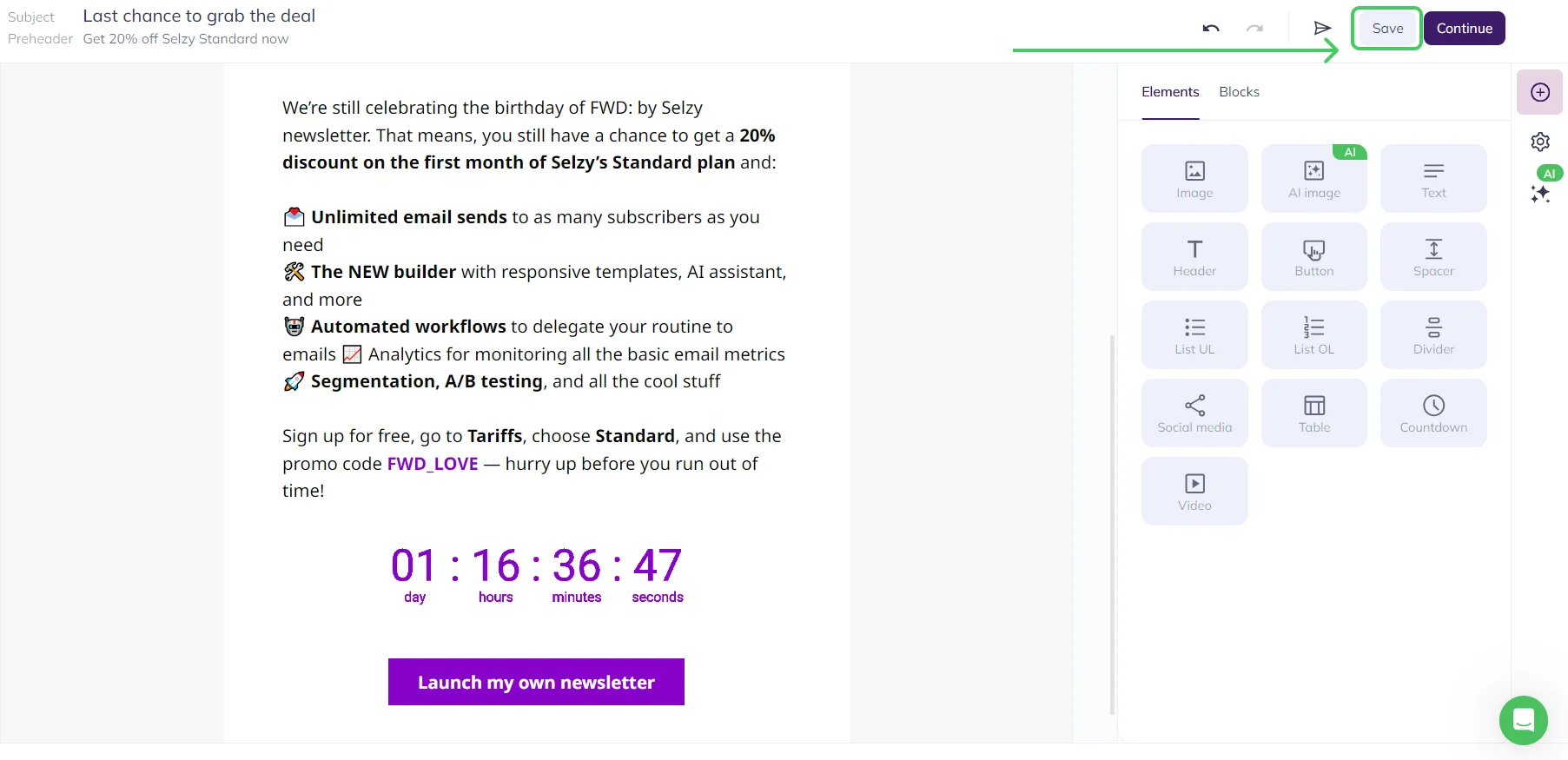 A screenshot of Selzy's email builder with an email with the countdown timer GIF added