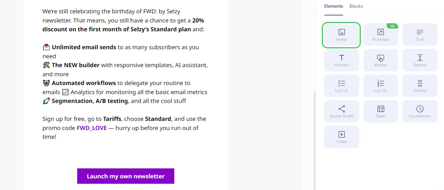 Selzy email builder screenshot with the Elements menu and the Image button highlighted in green