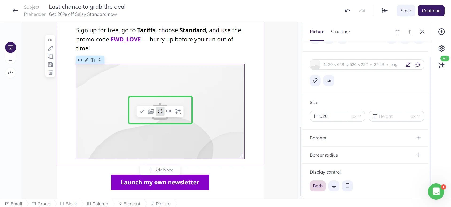 Selzy email builder screenshot with an email where the Image element is inserted and the menu for editing the element is highlighted in green