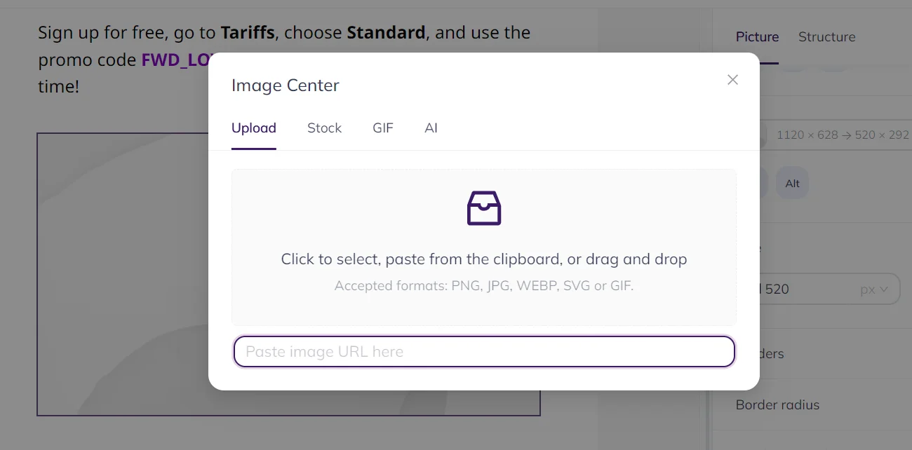 Selzy email builder screenshot with the Image Center pop-up and the Upload option: supported image formats include PNG, JPG, WEBP, SVG, and GIF
