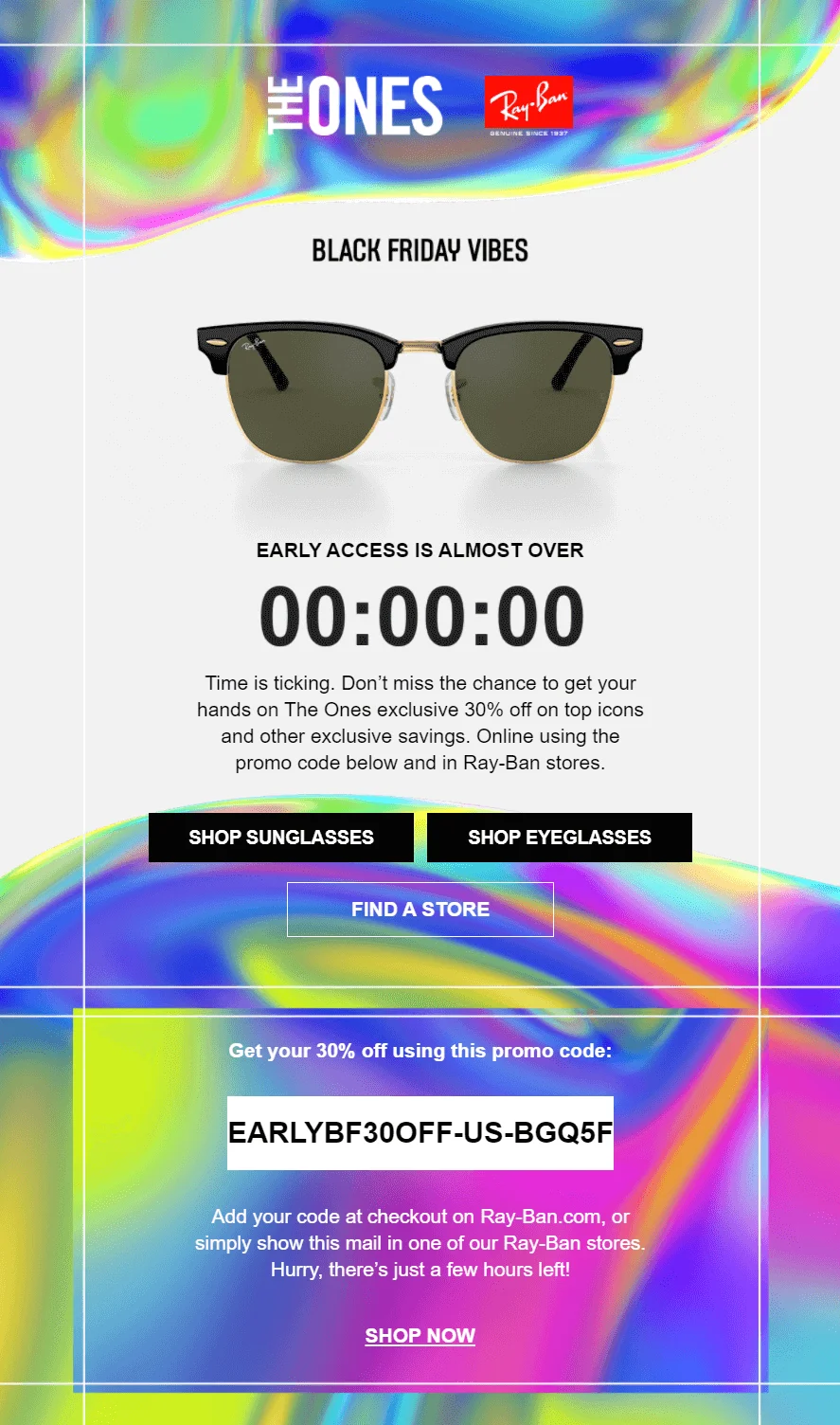 A Ray-Ban email with a banner image of glasses that has a countdown timer in the middle