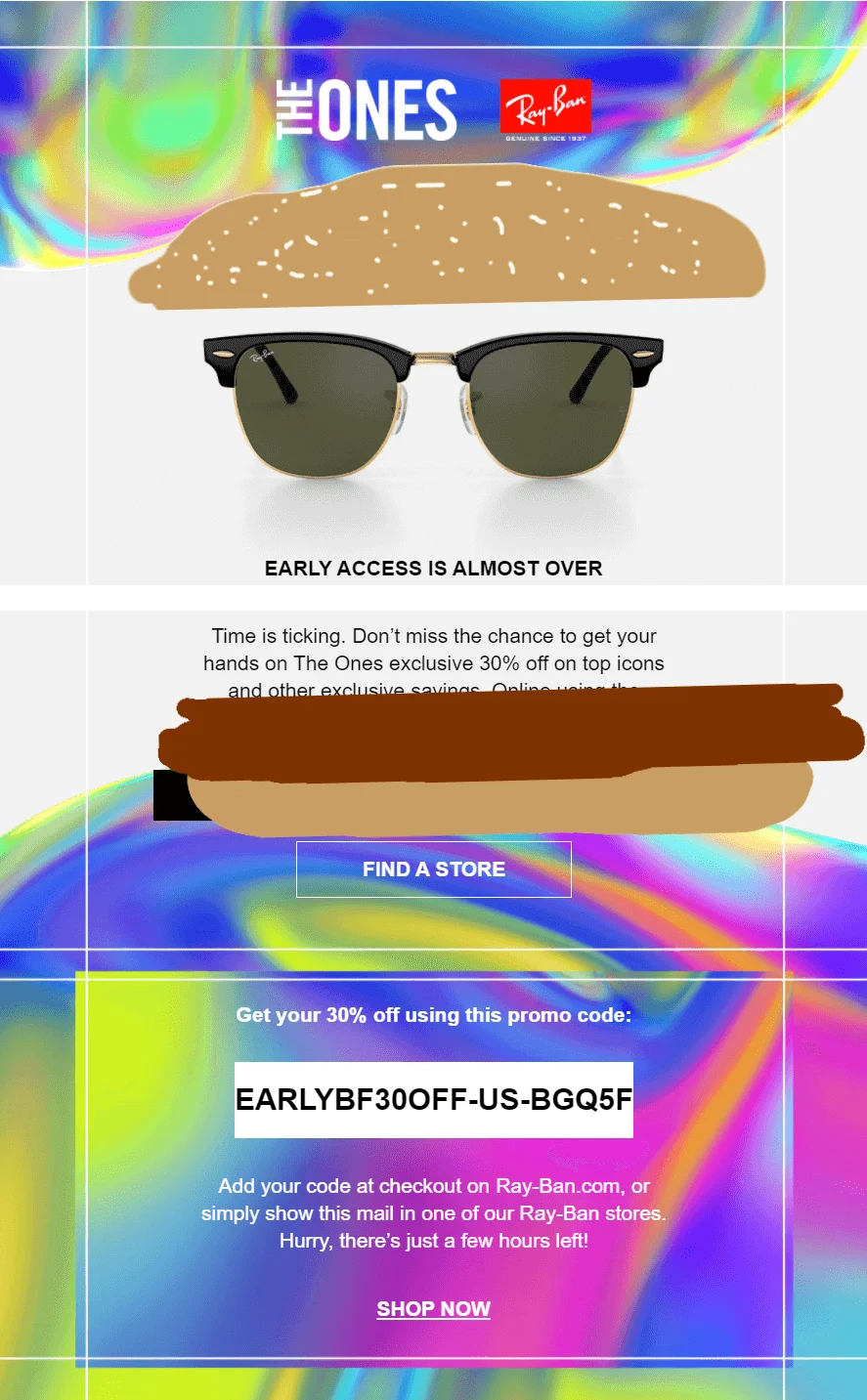 The same Ray-Ban email with the top hamburger bun above the glasses on the banner image, and the bottom bun and patty at the bottom of the image