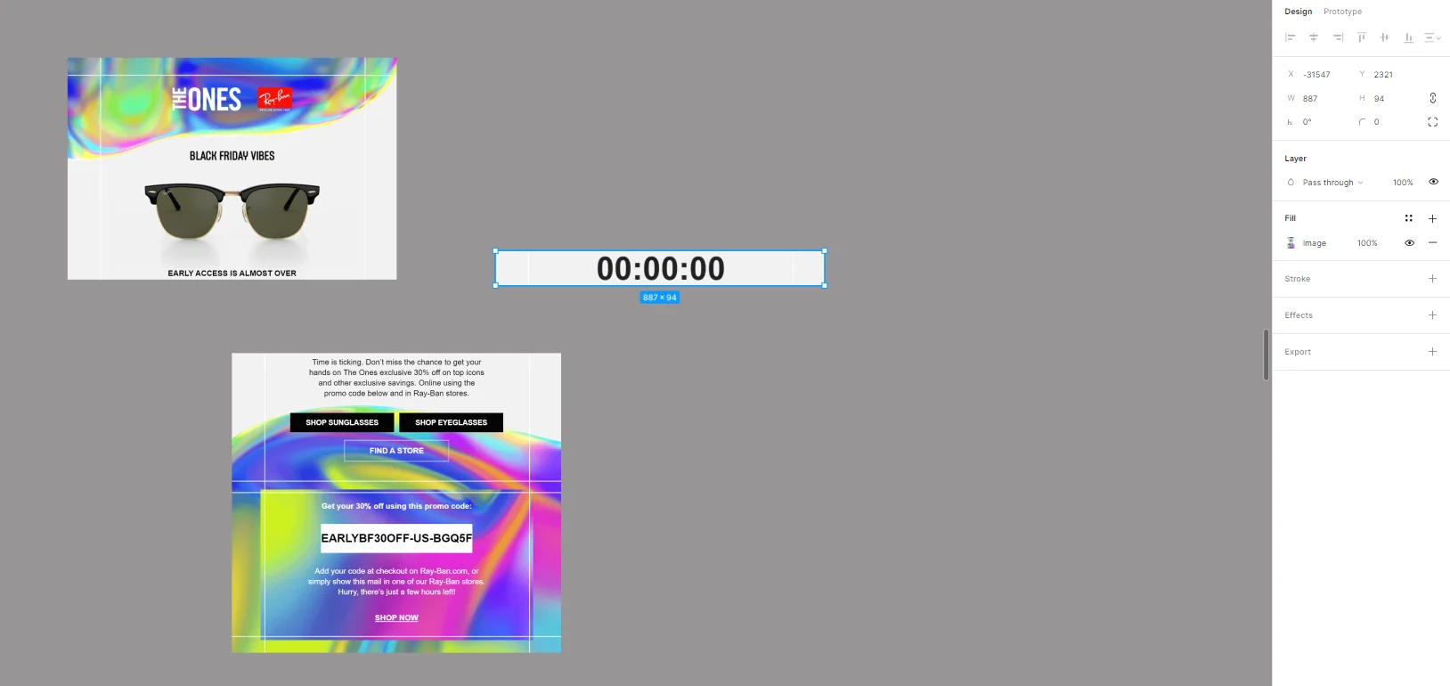 Figma screenshot of the email sliced in three parts, all of the parts are separate images now