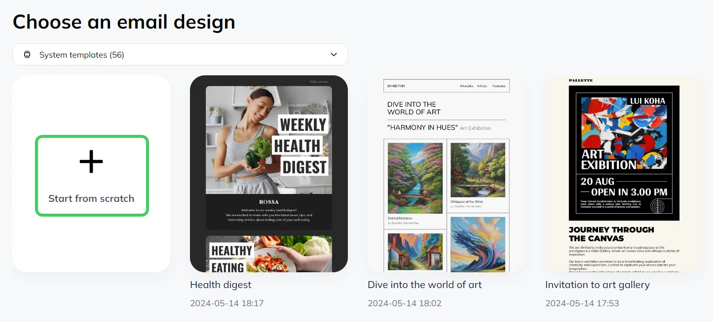 Selzy email builder templates screenshot, the button Start from scratch is highlighted