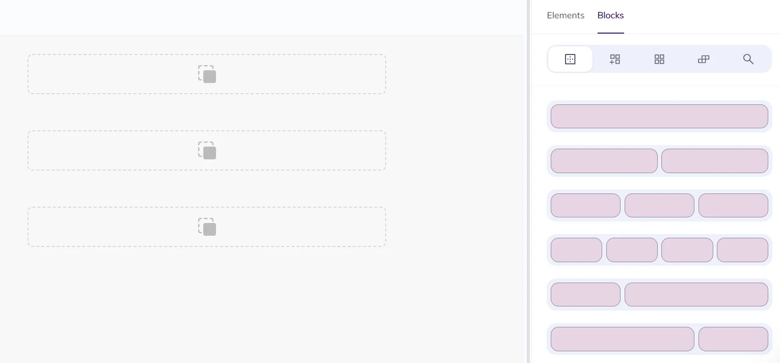 Selzy email builder screenshot, the email template has three empty one-column blocks