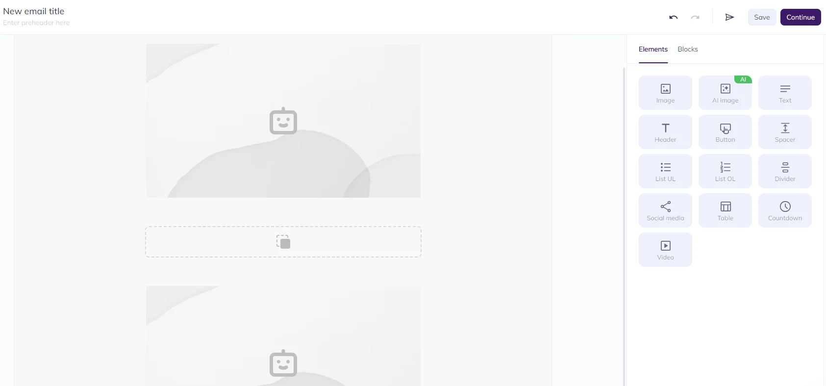 A blank template in Selzy email builder, it has three blocks, the top and the bottom blocks have Image elements, the middle one is empty