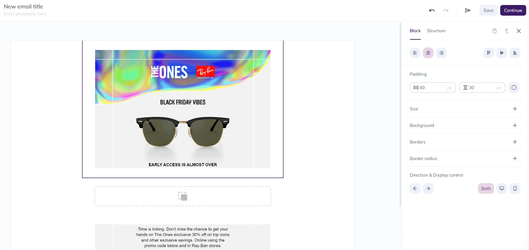 Selzy email builder screenshot, the template has three blocks, the top and the bottom blocks have images uploaded, the middle block is empty