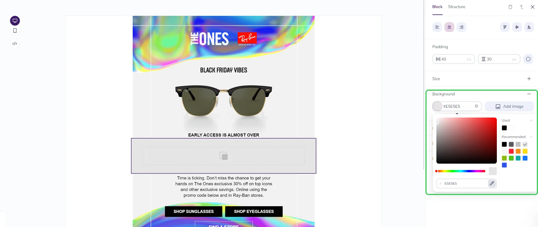 Selzy email builder screenshot, Block settings menu, the Background settings highlighted in green