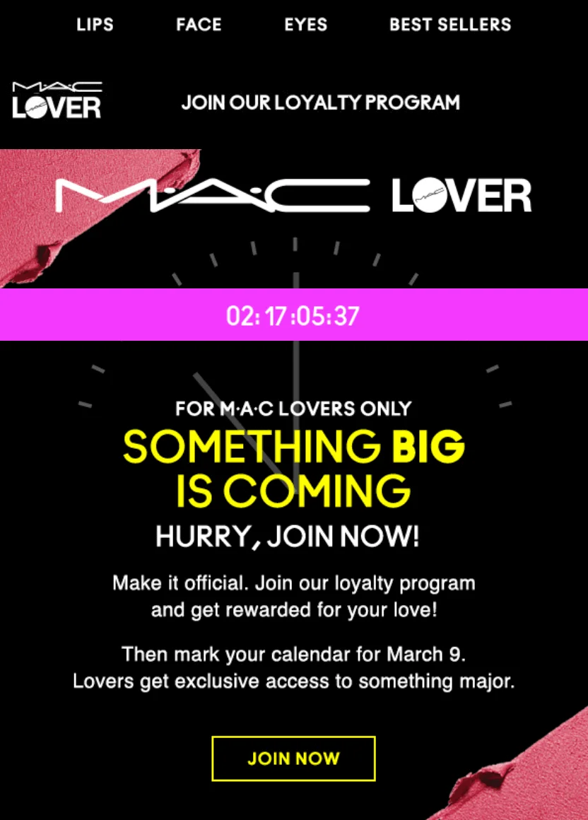 Email from MAC that notifies subscribers about the start of a loyalty program and uses a countdown timer to indicate the start date and time
