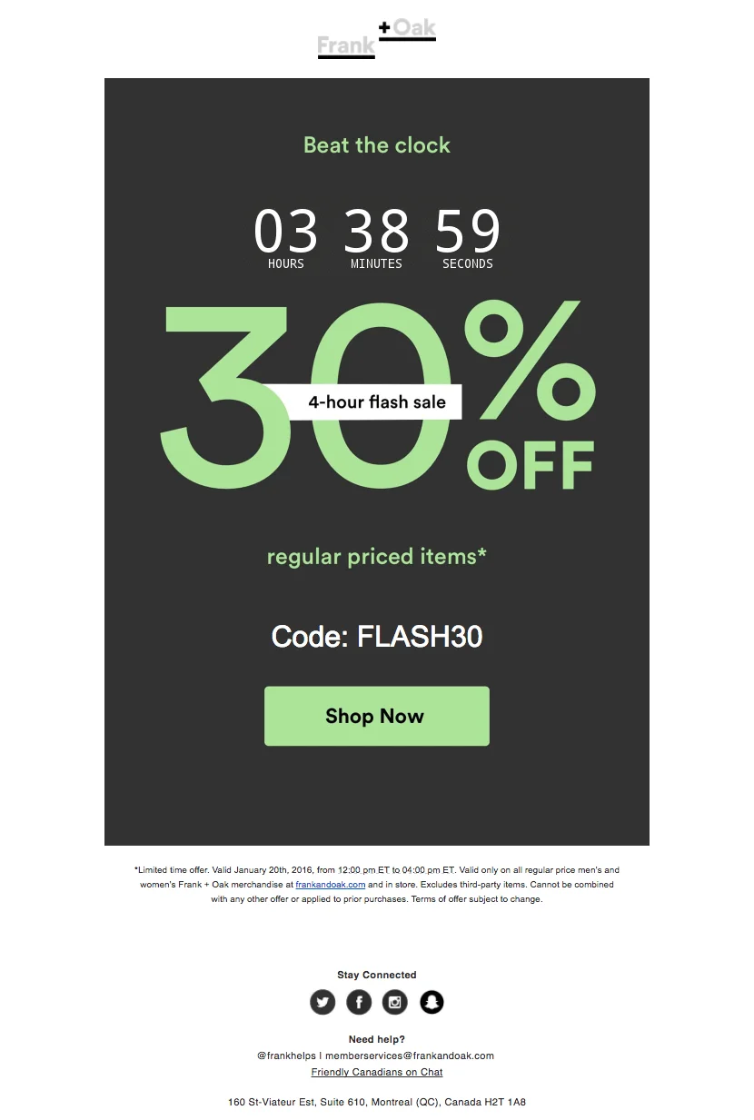 An email by Frank+Oak with a countdown timer indicating the deadline for the price change