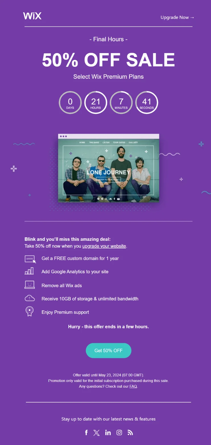 Email from WiX offering 50% off premium plans for a limited time, the countdown timer indicates how much time is left
