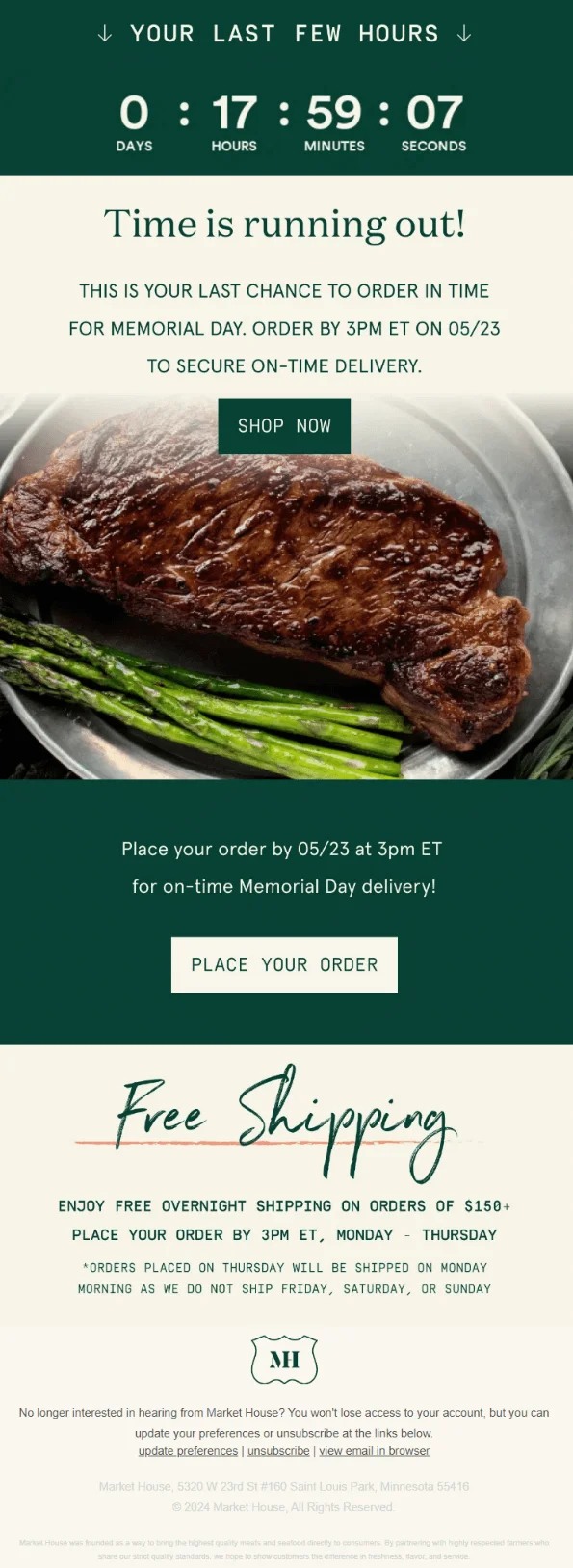 Email from Market House with a countdown timer and a tagline “Last chance to order in time for Memorial Day”