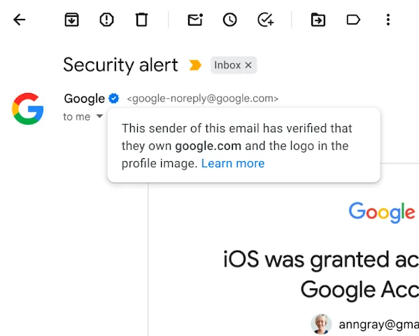 Google displays a blue checkmark for verified senders and confirms that the sender owns both logo and domain