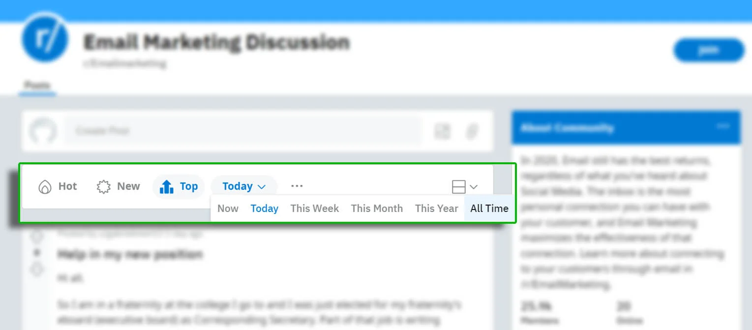 Post sorting options on Reddit with Top and All Time options chosen