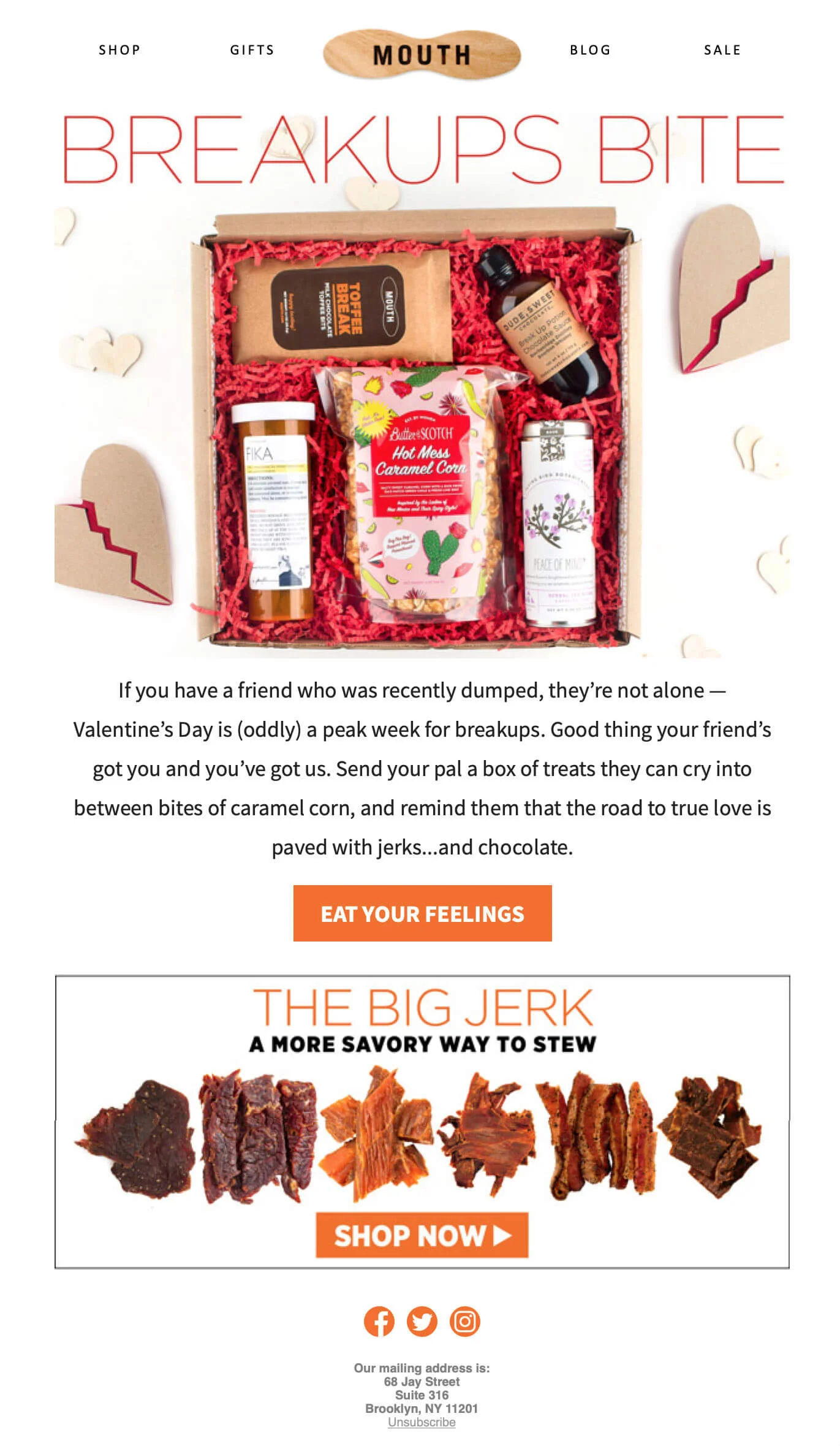 Valentine’s Day email marketing campaign by Mouth offering to give some comfort to your friends