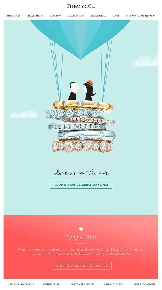 Valentine’s Day email marketing campaign by Tiffany & Co designed in Tiffany’s brand colors