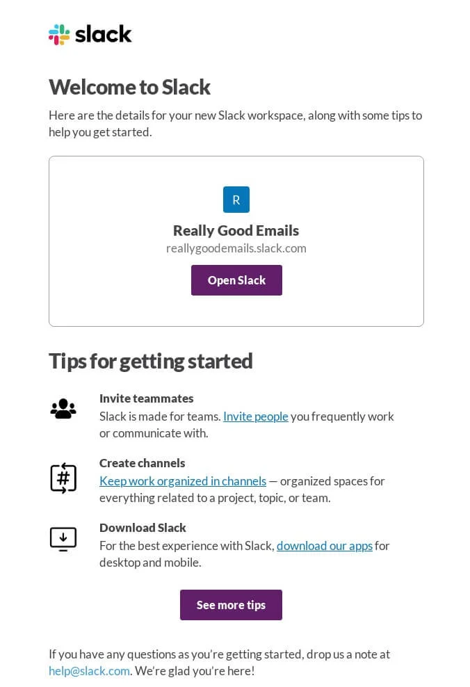 A welcome email from Slack that comes to every user automatically upon signing up