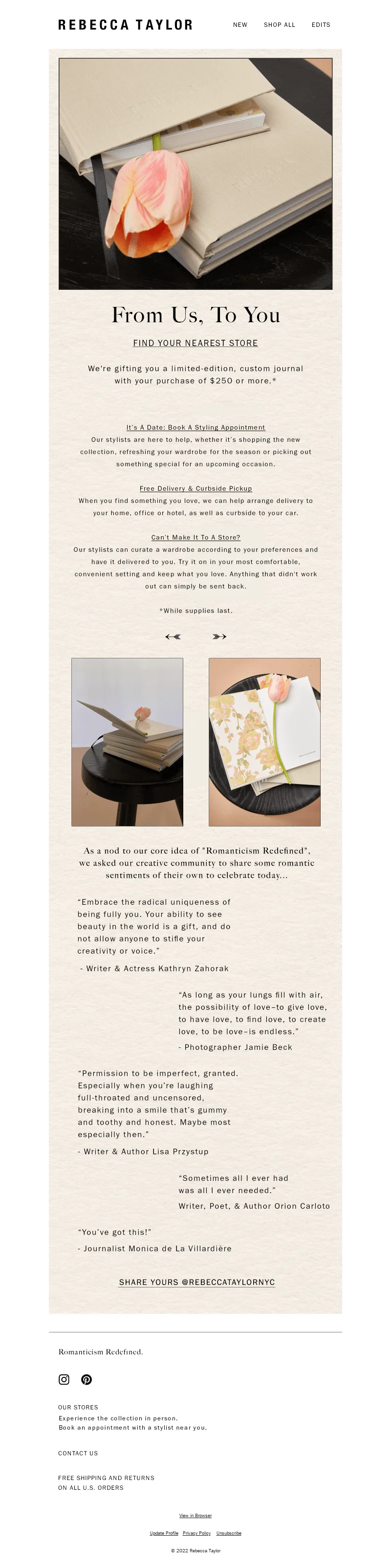 Valentine’s Day email marketing campaign by Rebecca Taylor offering a gift with every purchase over $250