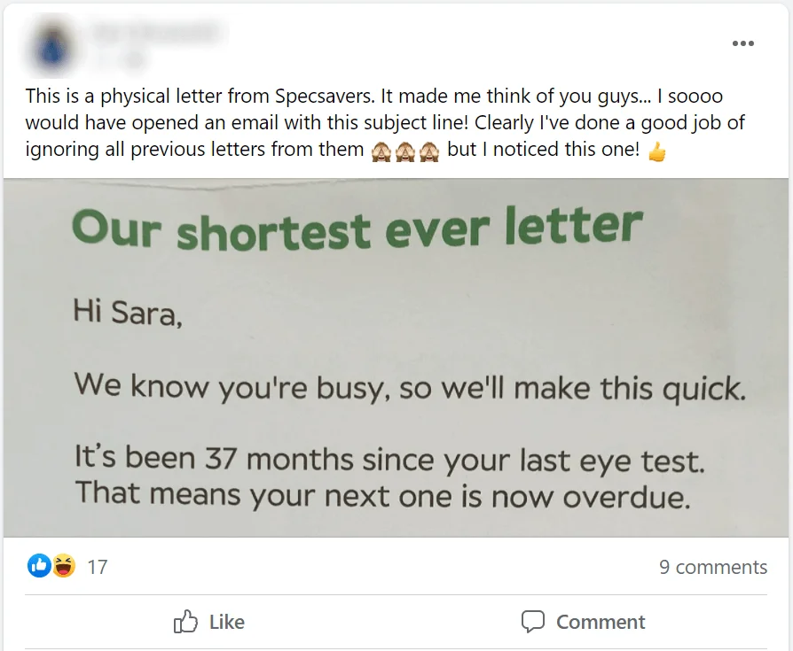 A screenshot of a Facebook post with a photo of a letter that reads “Our shortest ever letter” and states that the poster’s eye test is overdue. This letter reminded the poster of the community and would have made for an email with a great subject line.