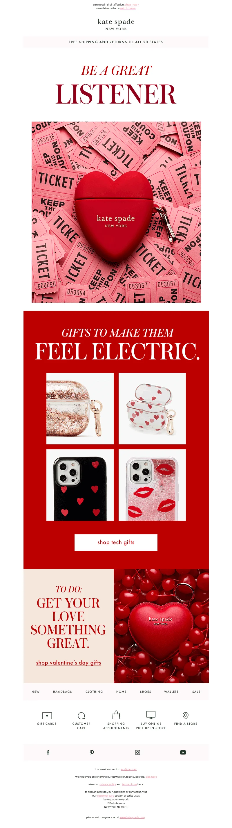 Valentine’s Day email marketing campaign by Kate Spade designed in red and white colors