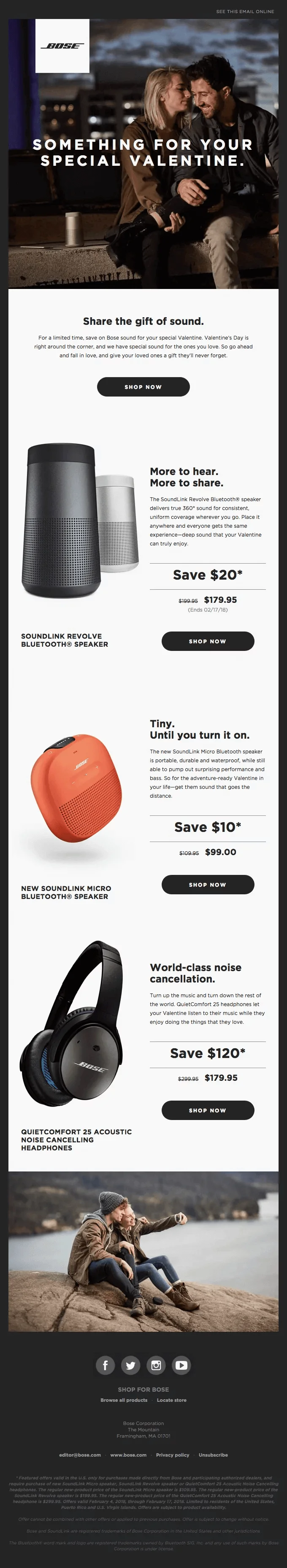 Valentine’s Day email marketing campaign by BOSE’s using romantic images