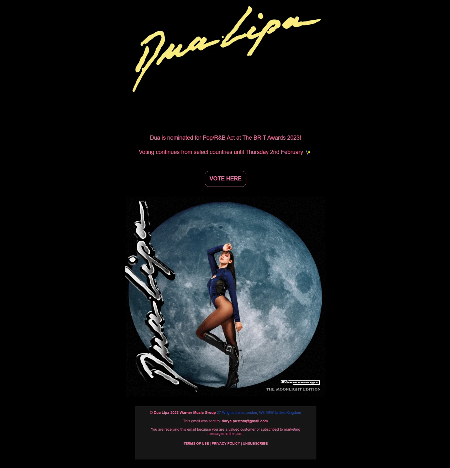 Newsletter from Dua Lipa