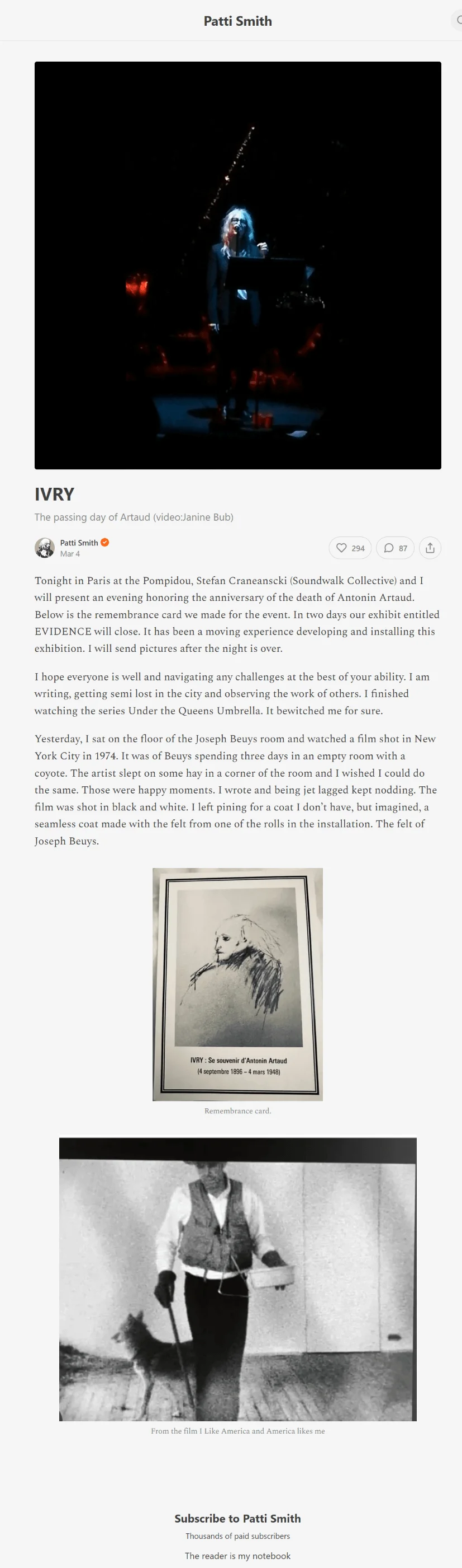 Newsletter from Patti Smith