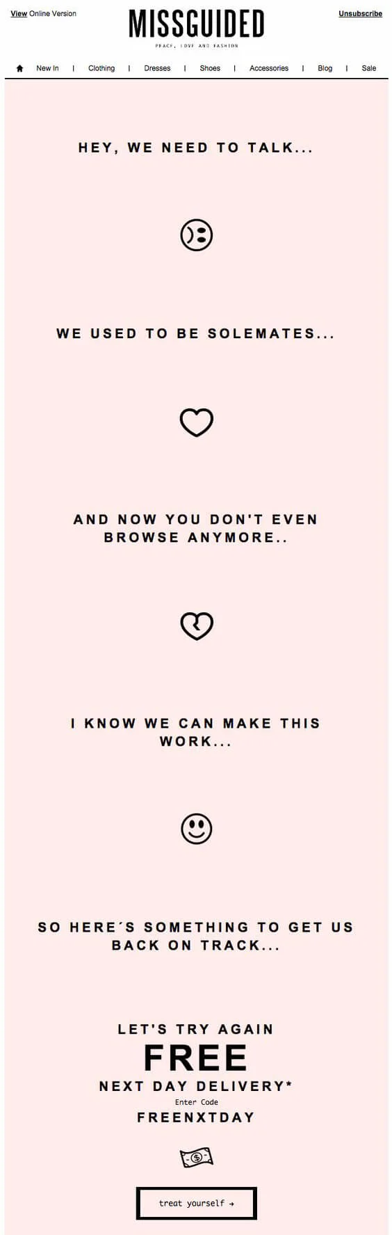 An email campaign with minimalistic emoji illustrations in between email copy