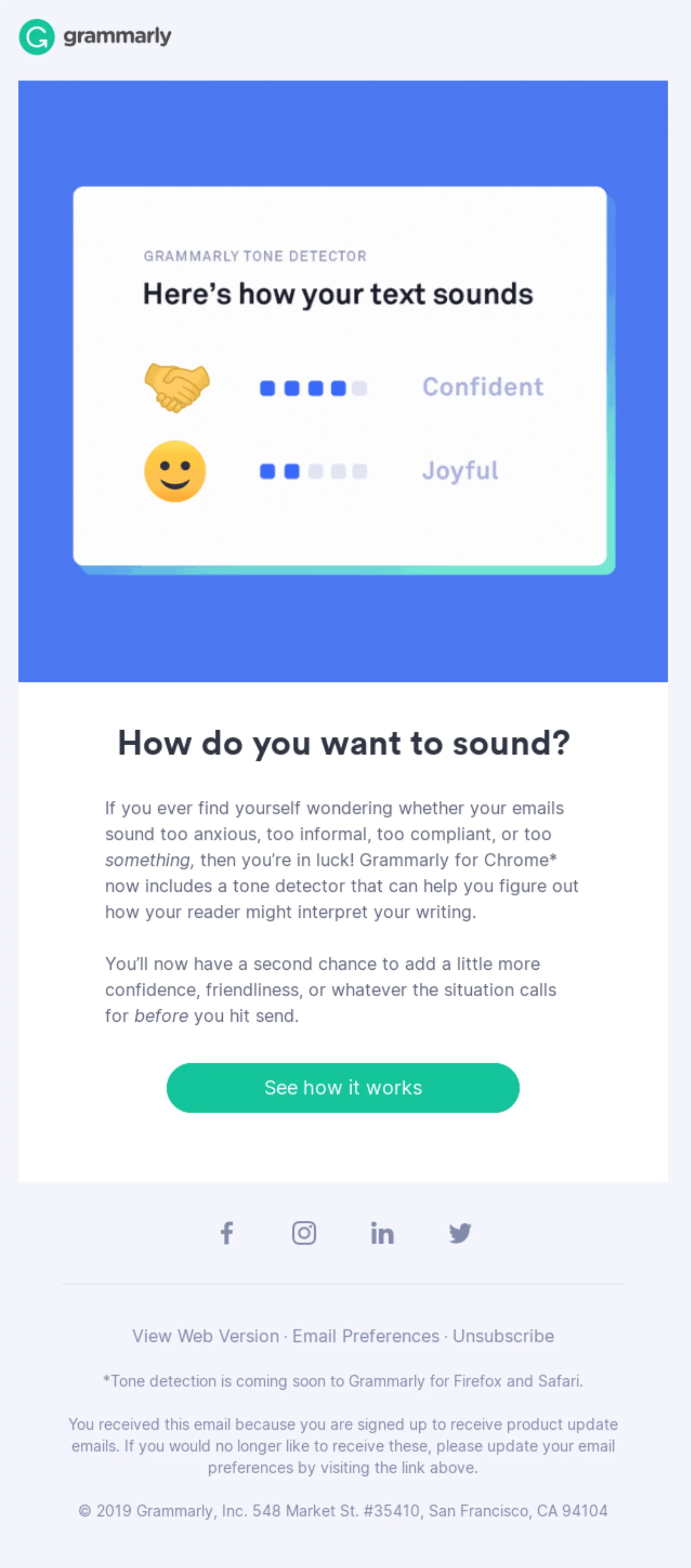 An email showing the two tones detected in a user’s texts: confident with a handshake emoji and joyful with a smiling face emoji