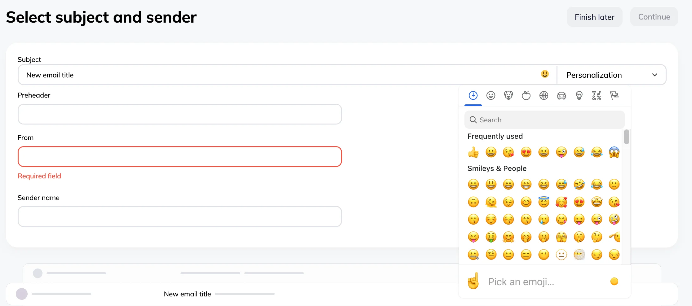 An email subject line editor in Selzy with a collection of emojis to choose from